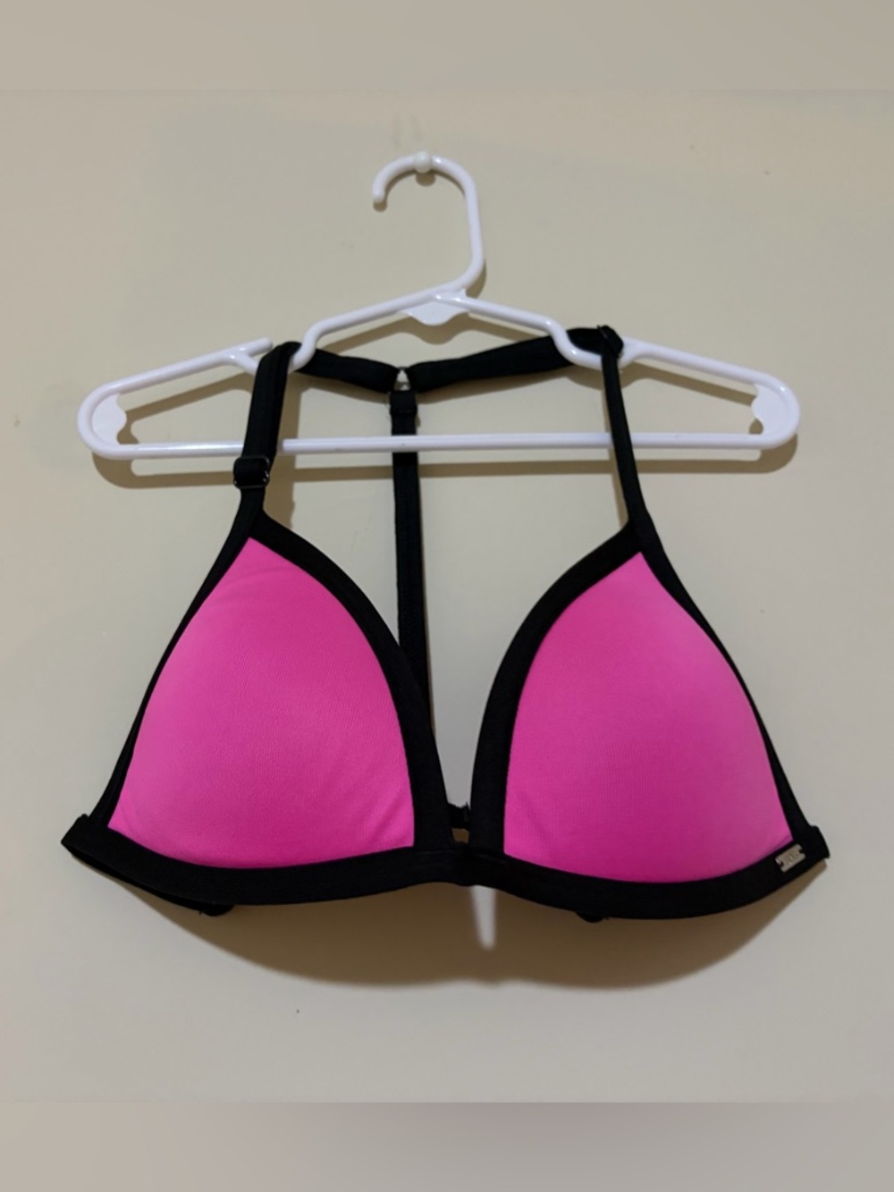 PINK Victoria's Secret Hot Pink Triangle Bikini Top with Black Trim